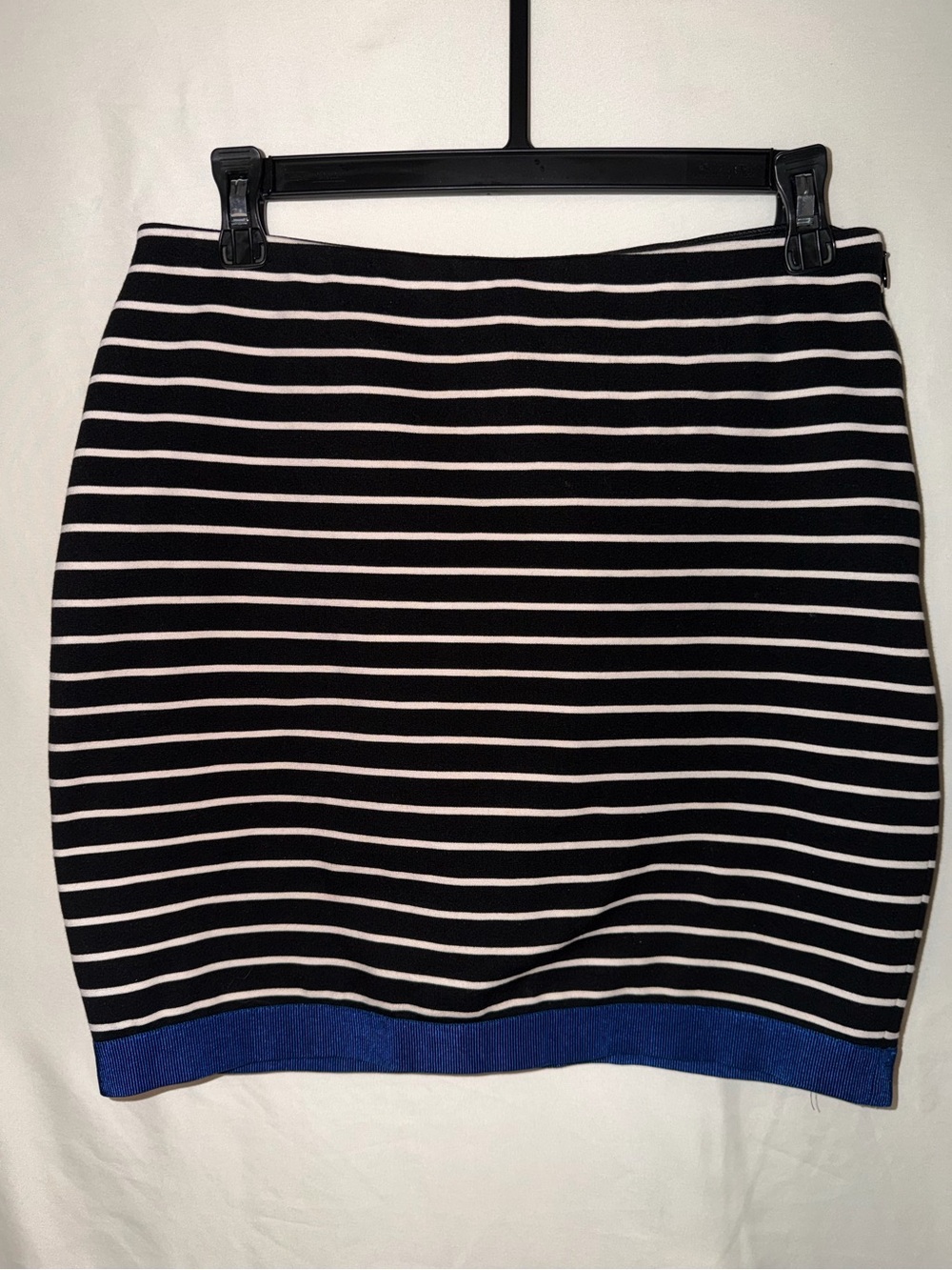 Ann Taylor Black and White Striped Mini Skirt with Royal Blue Trim